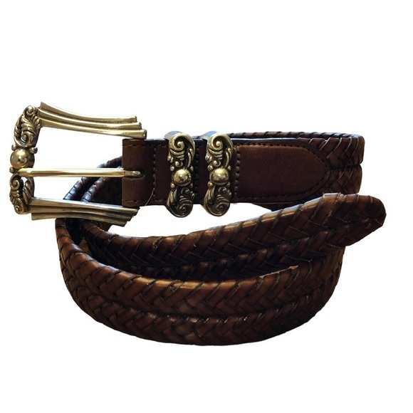 Brighton Accessories - Brighton Brown Woven Leather Belt Ornate Buckle Size 32
